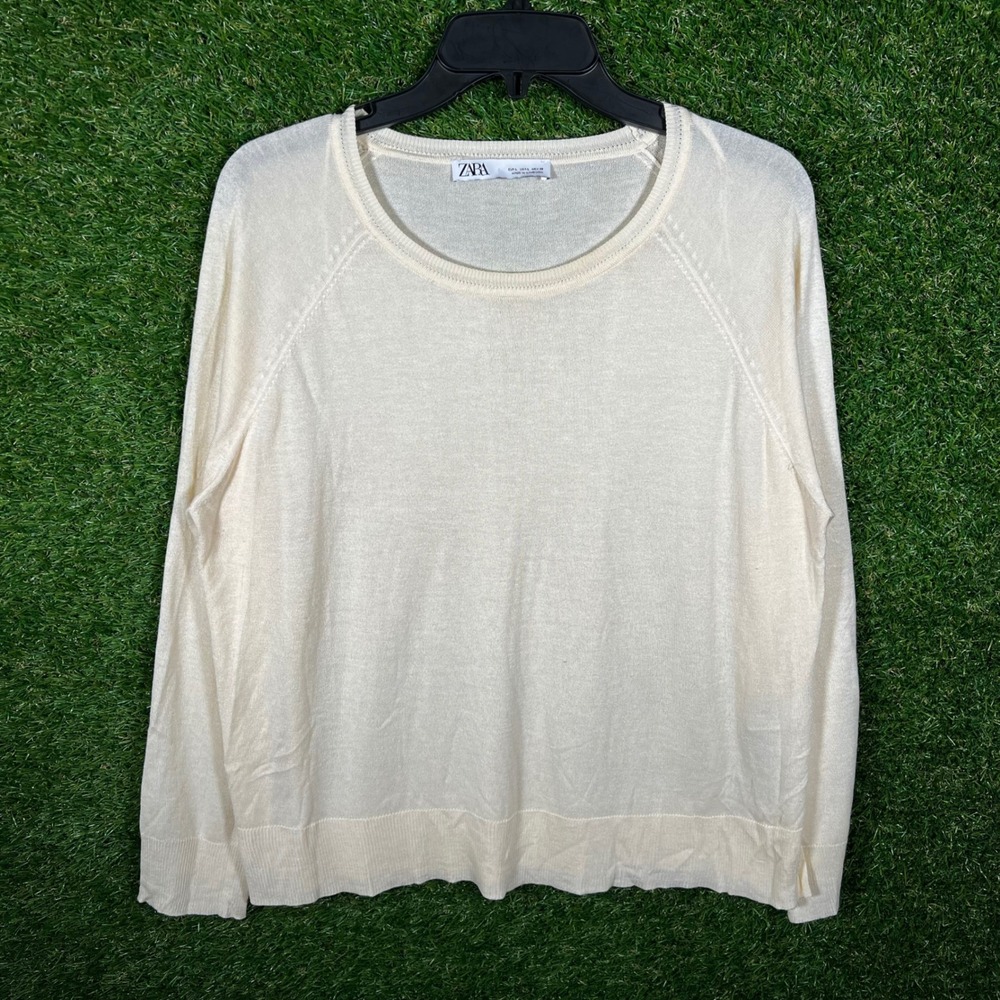 Zara Womens Large Cream Lightweight Raglan Sleeve Crewneck Knit Sweater Pullover